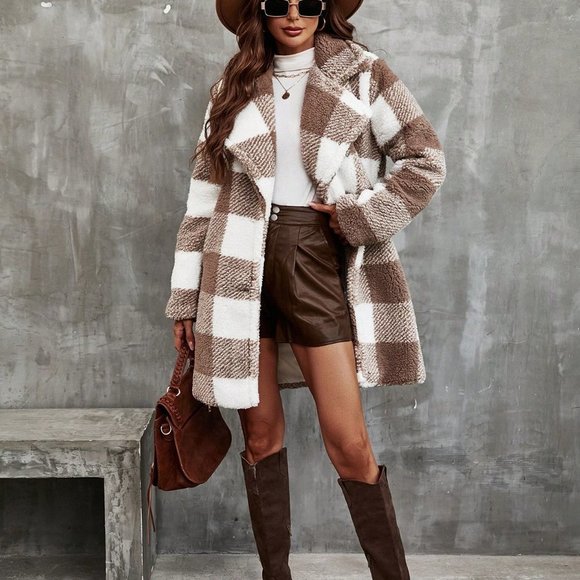 . Jackets & Blazers - Brown Preppy Womens Buffalo Plaid Pattern Lapel Neck Teddy Coat